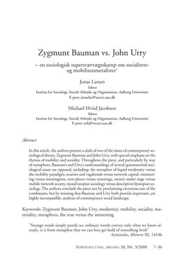 Zygmunt Bauman Vs. John Urry – En Sociologisk Supersværvægtskamp Om Socialitets- Og Mobilitetsmetaforer 1