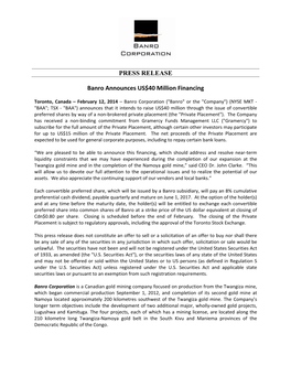 PRESS RELEASE Banro Announces US$40 Million