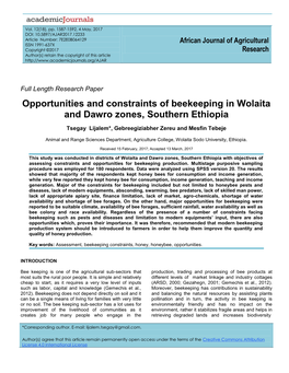 Opportunities and Constraints of Beekeeping in Wolaita and Dawro Zones, Southern Ethiopia
