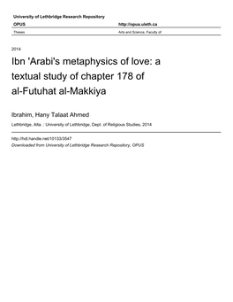 Ibn 'Arabi's Metaphysics of Love: a Textual Study of Chapter 178 of Al-Futuhat Al-Makkiya