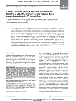 A Novel Tankyrase Inhibitor Decreases Canonical Wnt Signaling in Colon Carcinoma Cells and Reduces Tumor Growth in Conditional APC Mutant Mice