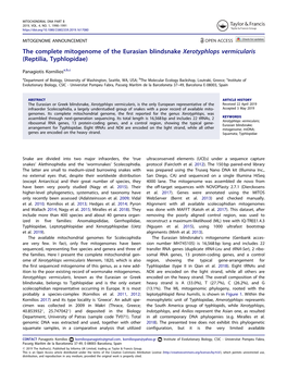 The Complete Mitogenome of the Eurasian Blindsnake Xerotyphlops Vermicularis (Reptilia, Typhlopidae)