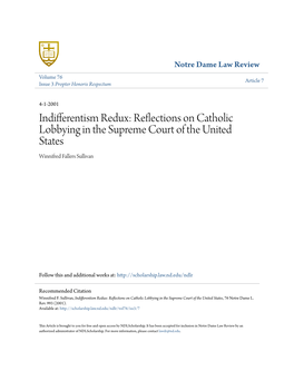 Indifferentism Redux: Reflections on Catholic Lobbying in the Supreme Court of the United States Winnifred Fallers Sullivan
