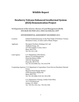 Wildlife Report for the Newberry Volcano Enhanced Geothermal System (EGS) Demonstration Project