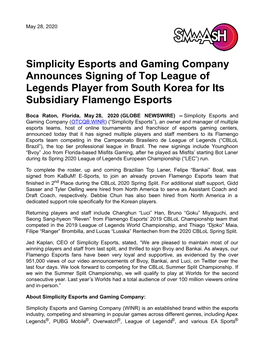 Simplicity Esports and Gaming Company Announces Signing of Top League of Legends Player from South Korea for Its Subsidiary Flamengo Esports