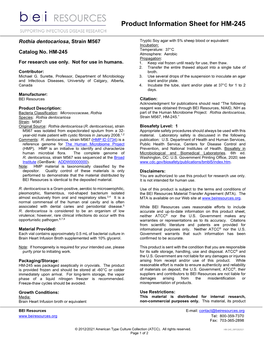 BEI Resources Product Information Sheet Catalog No. HM-245 Rothia