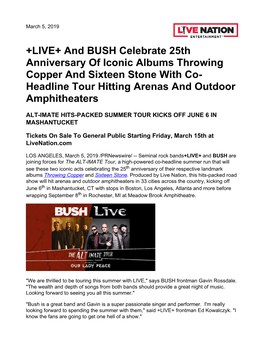 +LIVE+ and BUSH Celebrate 25Th Anniversary of Iconic Albums Throwing Copper and Sixteen Stone with Co- Headline Tour Hitting Arenas and Outdoor Amphitheaters