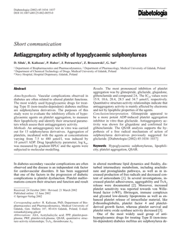 Antiaggregatory Activity of Hypoglycaemic Sulphonylureas