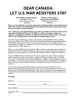 Dear Canada: Let U.S. War Resisters Stay