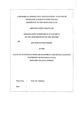 A Historical Perspective and Linguistic Analysis of Onomastic Elements with Special Reference to the Shangase Clan