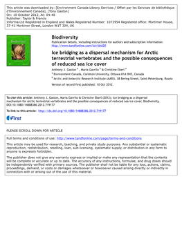 Ice Bridging As a Dispersal Mechanism for Arctic Terrestrial Vertebrates and the Possible Consequences of Reduced Sea Ice Cover Anthony J