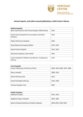 Annual Reports, and Other Annual Publications, Held in Dun's Library