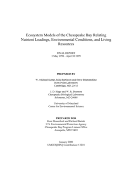 Ecosystem Models of the Chesapeake Bay Relating Nutrient Loadings, Environmental Conditions, and Living Resources