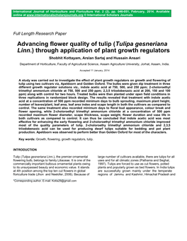 Advancing Flower Quality of Tulip (Tulipa Gesneriana Linn.) Through Application of Plant Growth Regulators