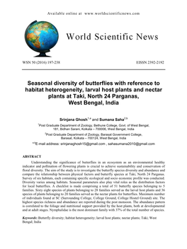 Seasonal Diversity of Butterflies with Reference to Habitat Heterogeneity, Larval Host Plants and Nectar Plants at Taki, North 24 Parganas, West Bengal, India