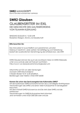 SWR2 Glauben GLAUBENSRITTER IM EXIL DIE GESCHICHTE DES MALTESERORDENS VON TILMANN KLEINJUNG