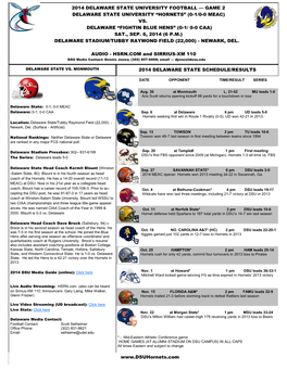 2014 Delaware State University Football — Game 2 Delaware State University “Hornets” (0-1/0-0 Meac) Vs