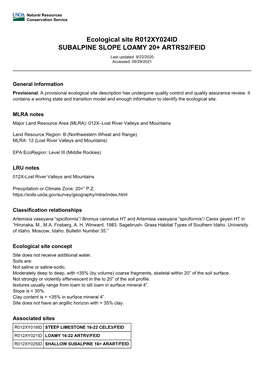 Ecological Site R012XY024ID SUBALPINE SLOPE LOAMY 20+ ARTRS2/FEID