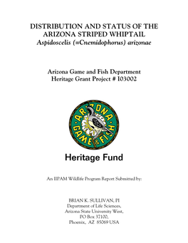 DISTRIBUTION and STATUS of the ARIZONA STRIPED WHIPTAIL Aspidoscelis (=Cnemidophorus) Arizonae