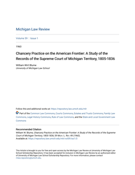 Chancery Practice on the American Frontier: a Study of the Records of the Supreme Court of Michigan Territory, 1805-1836