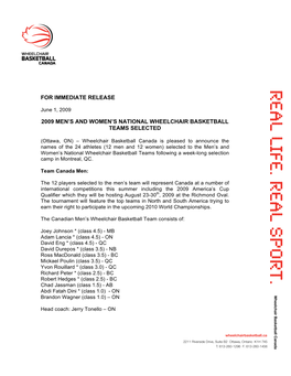 For Immediate Release 2009 Men's and Women's National Wheelchair Basketball Teams Selected