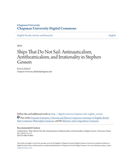 Antinauticalism, Antitheatricalism, and Irrationality in Stephen Gosson Kent Lehnhof Chapman University, Lehnhof@Chapman.Edu