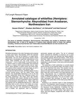 Annotated Catalogue of Whiteflies (Hemiptera: Sternorrhyncha: Aleyrodidae) from Arasbaran, Northwestern Iran