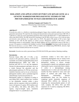 Isolation and Application of Pyruvate Kinase Gene As a Genetic Marker for Phylogenetic Studies in the Phytopathogenic Fungus Eremothecium Ashbyi