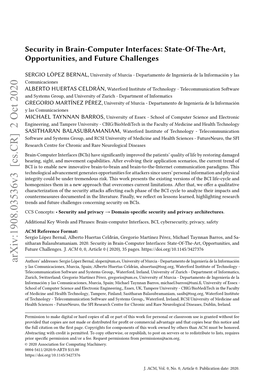 Security in Brain-Computer Interfaces: State-Of-The-Art, Opportunities, and Future Challenges