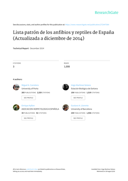 Lista Patrón De Los Anfibios Y Reptiles De España (Actualizada a Diciembre De 2014)