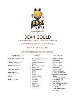 DEAN GOULD STUNT CO-ORDINATOR / 2Nd UNIT ACTION DIRECTOR / STUNT ACTOR