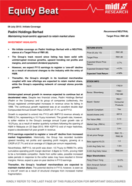 Padini Holdings Berhad Recommend NEUTRAL Maintaining Local-Centric Approach to Retain Market Share Target Price: RM1.80