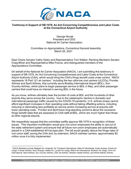 Testimony in Support of SB-1079, an Act Concerning Competitiveness and Labor Costs at the Connecticut Airport Authority