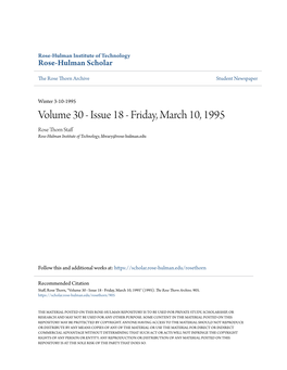 Volume 30 - Issue 18 - Friday, March 10, 1995 Rose Thorn Staff Rose-Hulman Institute of Technology, Library@Rose-Hulman.Edu