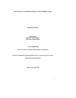 1 the Persistence of Social Differentiation in a Rural Philippine