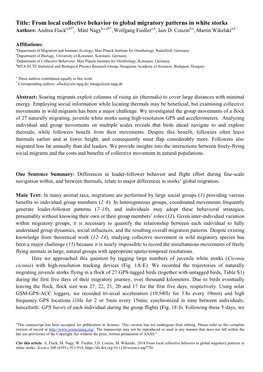 Title: from Local Collective Behavior to Global Migratory Patterns in White Storks Authors: Andrea Flacka,B†*, Máté Nagyb,C,D†*, Wolfgang Fiedlera,B, Iain D