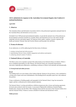 ALIA Submission in Response to the Australian Government Inquiry Into Canberra’S National Institutions