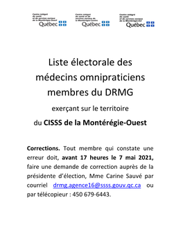 Liste Électorale Des Médecins Omnipraticiens Membres Du DRMG Exerçant Sur Le Territoire