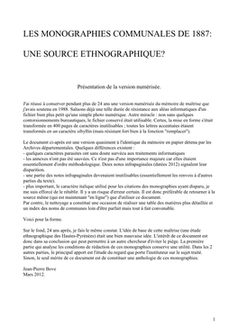 Les Monographies Communales De 1887: Une Source Ethnographique?