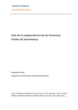 Acta De La Independencia De Las Provincias Unidas De Sud América