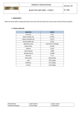 PRODUCT SPECIFICATION Version: 02 N°: 002 BLACK TEA LADY GREY – F10671