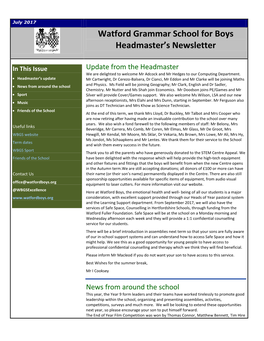 Watford Grammar School for Boys Headmaster's Newsletter