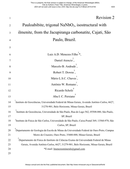 Revision 2 Pauloabibite, Trigonal Nanbo3, Isostructural with Ilmenite