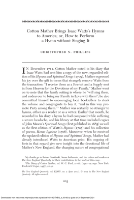 Cotton Mather Brings Isaac Watts's Hymns to America; Or, How To