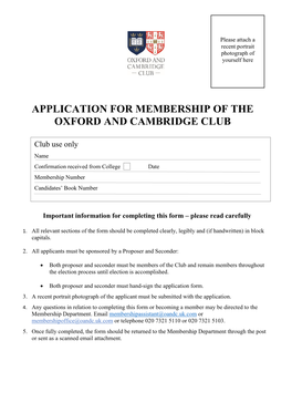Application for Membership of the Oxford and Cambridge Club