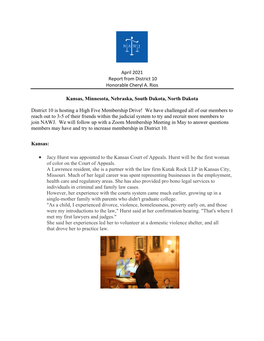 April 2021 Report from District 10 Honorable Cheryl A. Rios Kansas, Minnesota, Nebraska, South Dakota, North Dakota District 10