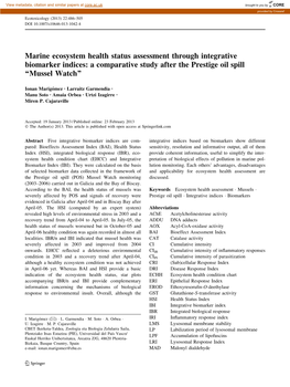 Marine Ecosystem Health Status Assessment Through Integrative Biomarker Indices: a Comparative Study After the Prestige Oil Spill ‘‘Mussel Watch’’