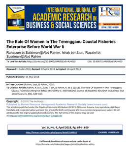 The Role of Women in the Terengganu Coastal Fisheries Enterprise Before World War Ii