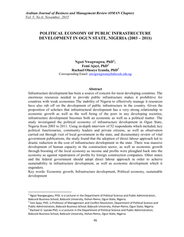 Political Economy of Public Infrastructure Development in Ogun State, Nigeria (2003 – 2011)