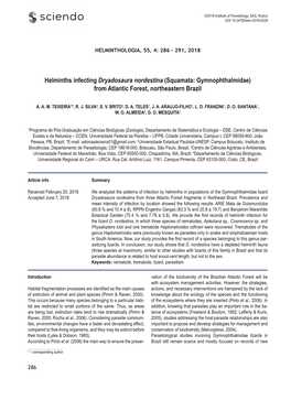 Helminths Infecting Dryadosaura Nordestina (Squamata: Gymnophthalmidae) from Atlantic Forest, Northeastern Brazil